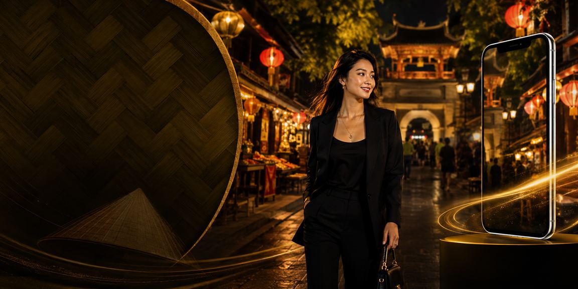 Người dùng tại Hà Nội thực hiện giao dịch tài chính trực tuyến với nón lá truyền thống